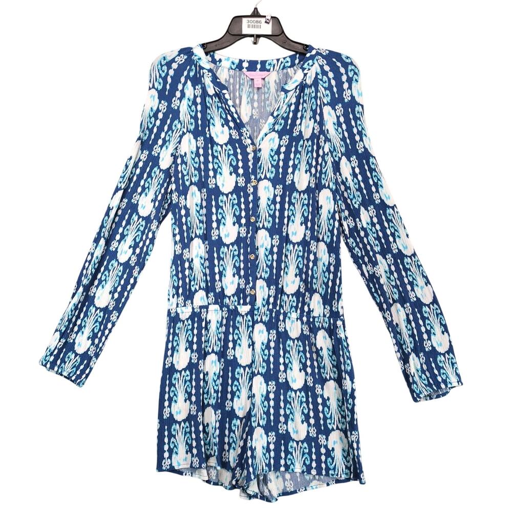 Lilly Pulitzer Elsa Romper Women's M Long Sleeve Indigo Get In Line Blue Beachy